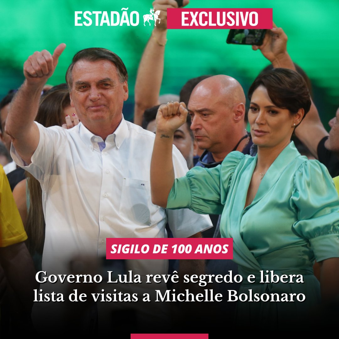 Estadao's tweet photo. EXCLUSIVO 🔴 Governo Lula começa a abrir sigilo de 100 anos e libera lista de visitas a Michelle Bolsonaro; veja quem foi ao Alvorada https://t.co/QEPOMXUaHg -via @EstadaoPolitica https://t.co/WAGMdCrNLk