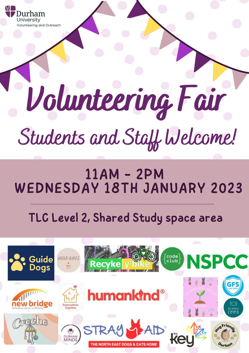 New Year, new you? Why not make volunteering your new years resolution!💜

Durham Volunteering &amp; Outreach are holding a Volunteering Fair on 18th Jan, 11 - 2pm in the TLC for Staff and Students to come explore opportunities to volunteer in the local community!

Drop in anytime!