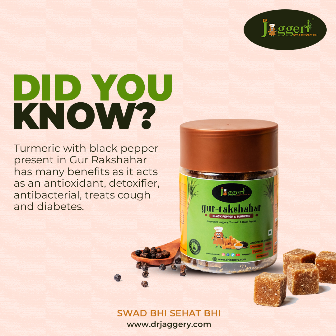 🤩 Did you know that the combination of turmeric and black pepper present in Dr. Jaggery's Gur Rakshahar has many health benefits? 

🧐 The turmeric acts as an antioxidant, detoxifier, and antibacterial, while the black pepper helps to treat cough and diabetes.