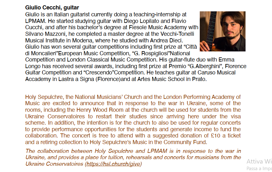 LPMAM is happy to present you tomorrow's Lunchtime Concert at the Holy Sepulchre Church! We start our 2023 concert series with a guitar solo recital: our italian guitar teacher, Giulio Cecchi, will perform for you playing music from the english repertoire. In bocca al lupo!🎻🎼