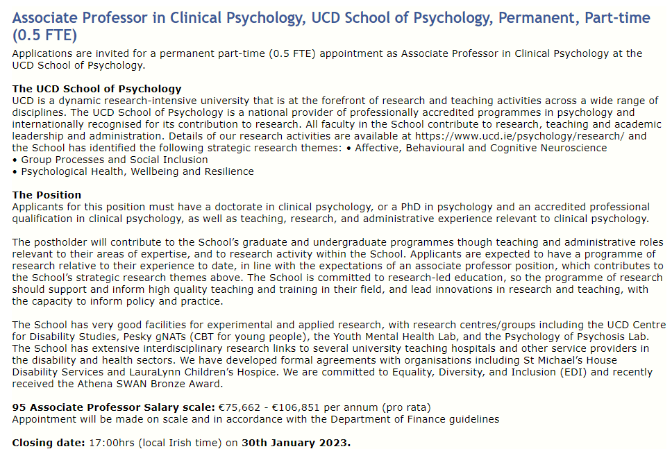 UCDPsychology's tweet photo. Exciting #permanent (0.5FTE) #AssocProf in #ClinicalPsychology post open in our school! Great opportunity to join a wonderful team to support research, teaching, & professional activities. Visit https://t.co/5OdzagTBZB! Deadline for CV & cover letter - 5pm Jan 30 2023! Please RT https://t.co/6ypNRW3Lig
