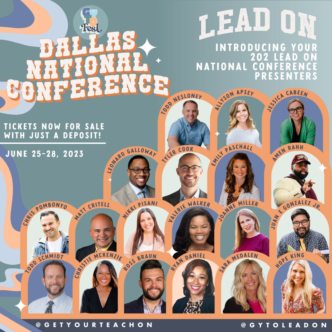 GYTOLeadOn's tweet photo. Who else is going to be #DallasBound this summer for GYTO’s 2023 National Conference!🎉

We are so excited to introduce our 2023 Lead On Presenter Team!

Ready for more? Visit https://t.co/PeR0pvFieP to download the official conference guide!

#getyourteachon #gytoxdallas #txed https://t.co/4jOZc6EYTm