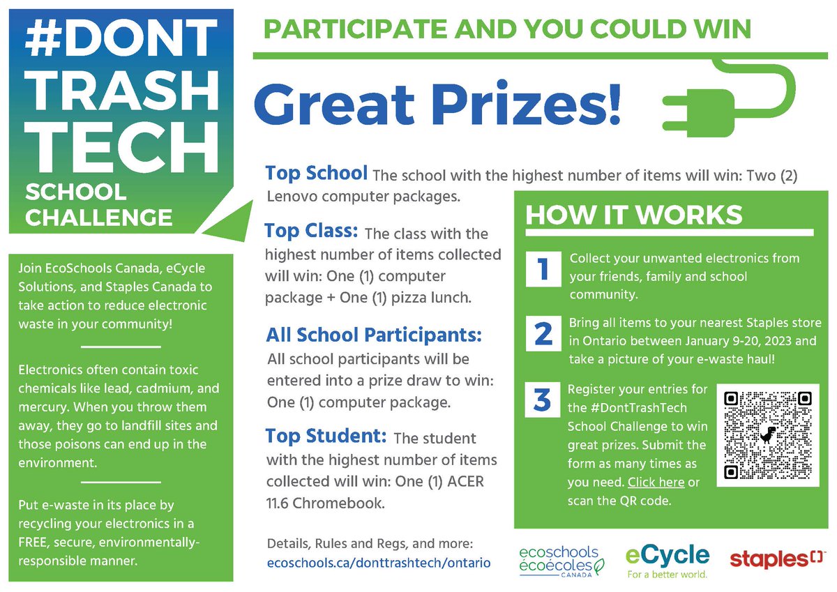 ecopanabaker's tweet photo. Pumas, we're participating in the #DontTrashTech challenge!  From Jan 9 - 20th, bring any unwanted  personal electronics to a Staples store to be properly and safely recycled. And you can win prizes!  Learn more in the flyer below. https://t.co/3qQe5A3azt