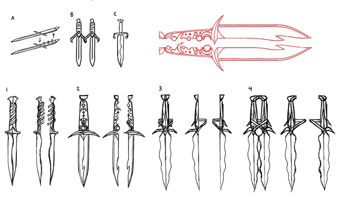Here are some sketches of the process of trying to nail down the design for the dagger featured on the cover. It had to interlock and work as two separate blades, such a fun challenge to work on! 