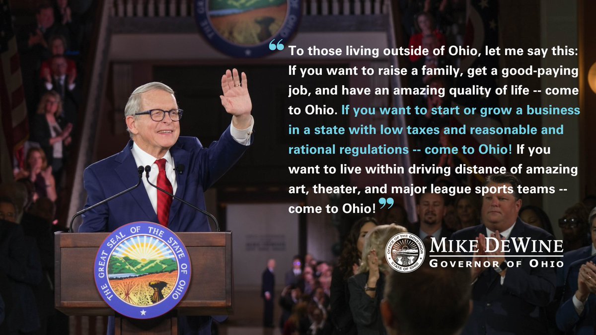 GovMikeDeWine's tweet photo. If you want a chance for a better life and a brighter future, come to Ohio! #OHInaugural2023 https://t.co/NdMBQlfh8O