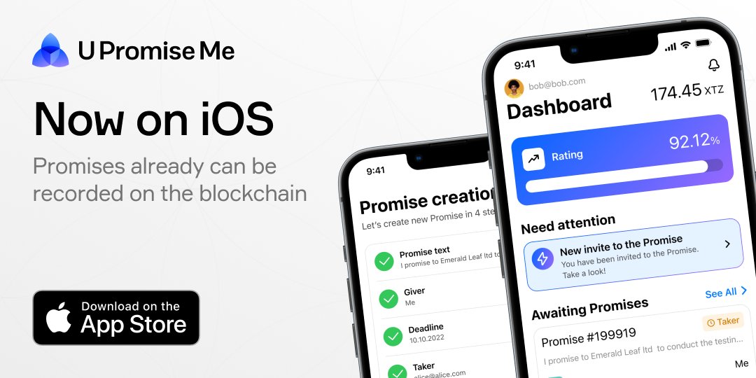 🔥We’re pleased to announce that our app is now available for iOS! You can install it here: shorturl.at/atHKL

🔹The current 0.1.0 version allows you to create a simple text-based promise. All promises are being created in the #Tezos test network and are free for now.