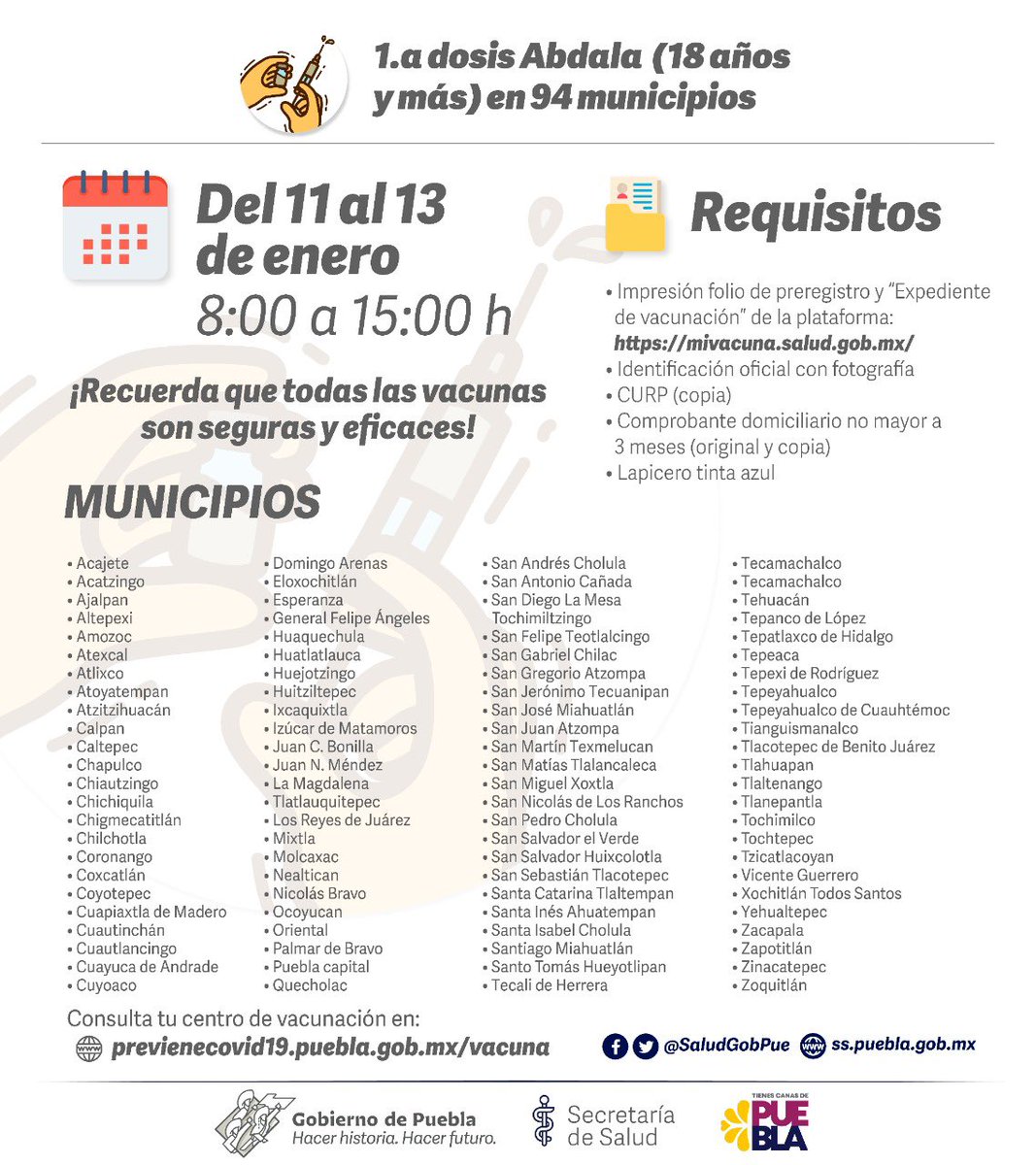 SaludGobPue's tweet photo. ⚠️ #QueNoSeTePase Hoy inicia la vacunación en 94 mpios. para:
💉5 a 11 años 11 meses que recibieron la 1.a dosis hasta el 21 de diciembre (2.a dosis)
💉+18 (1.a dosis Abdala)
💉+18 que recibieron la 1.a dosis Abdala hasta el 23 de diciembre (2.a dosis) solo Puebla capital
🧵1/2👇 https://t.co/c3ovCR4iyt