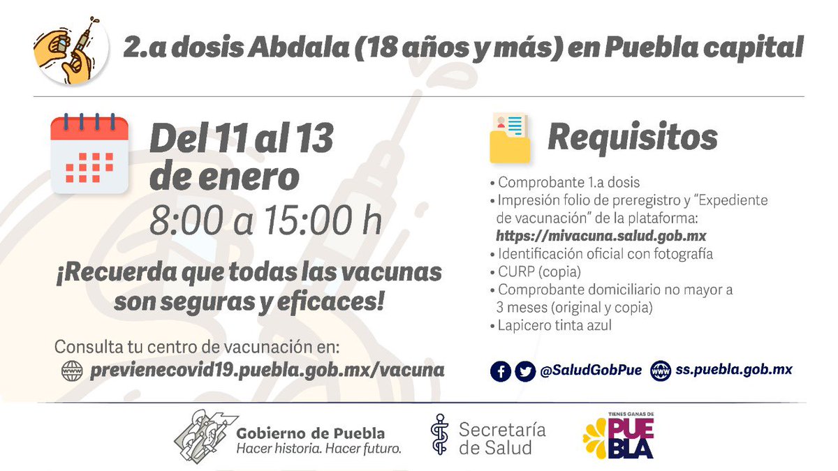 SaludGobPue's tweet photo. ⚠️ #QueNoSeTePase Hoy inicia la vacunación en 94 mpios. para:
💉5 a 11 años 11 meses que recibieron la 1.a dosis hasta el 21 de diciembre (2.a dosis)
💉+18 (1.a dosis Abdala)
💉+18 que recibieron la 1.a dosis Abdala hasta el 23 de diciembre (2.a dosis) solo Puebla capital
🧵1/2👇 https://t.co/c3ovCR4iyt