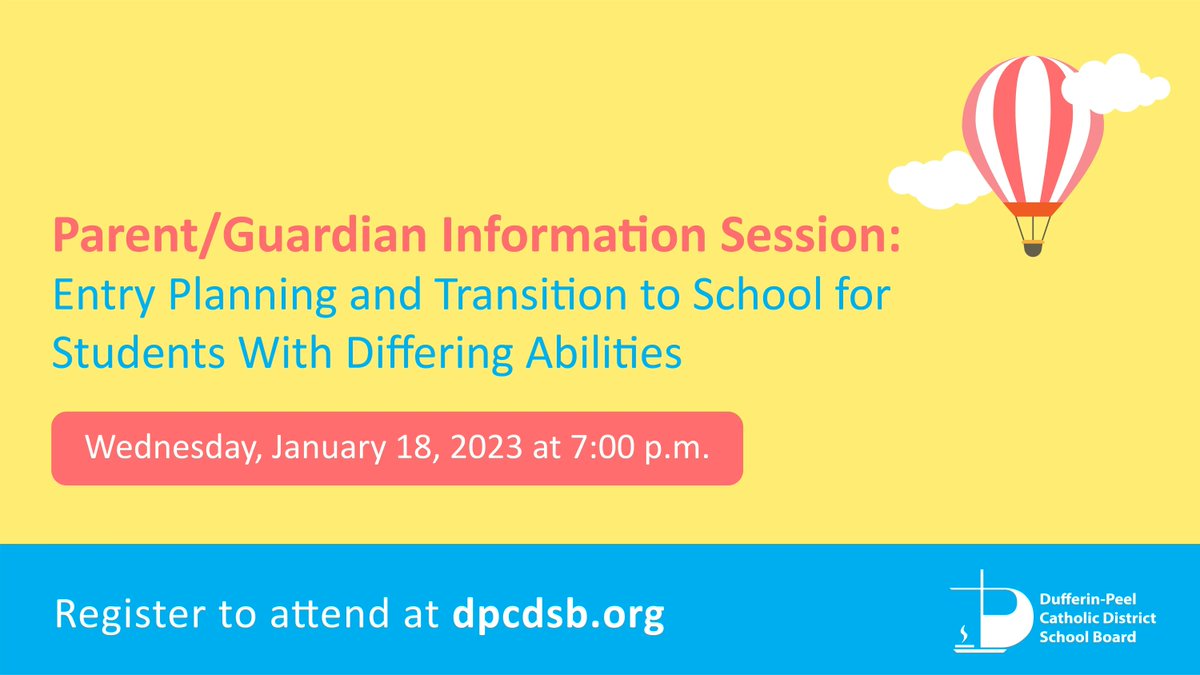 On January 18, <a href="/DP_SELS/">DP_SELS</a> will be hosting an Information Session to support the entry planning and transition of students with differing abilities who will be new to the DPCDSB for September 2023. 

🕓7 p.m.
📍Catholic Education Centre

Register to attend: dpcdsb.info/Entry-Planning…