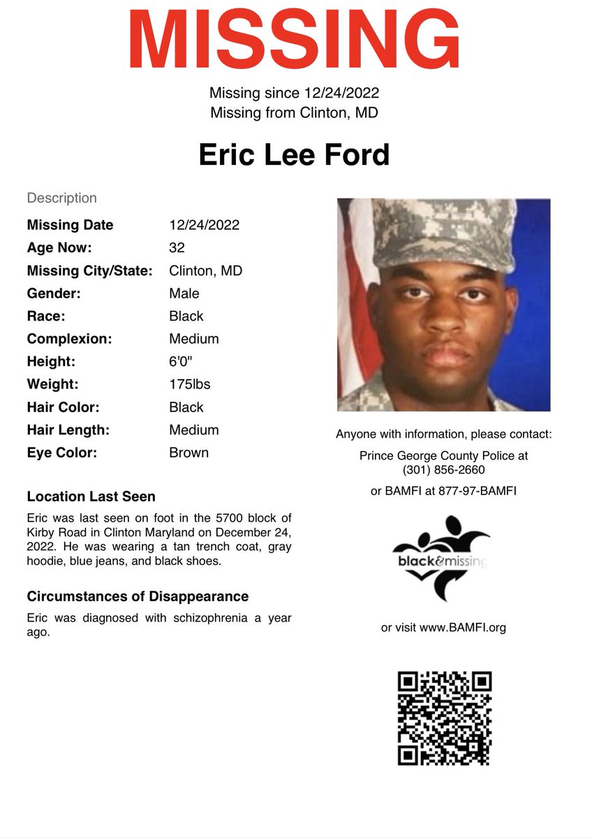 BAM_FI's tweet photo. #Clinton, MD: 32y/o Eric Ford was last seen on foot in the 5700 block of Kirby Road in Clinton Maryland on December 24, 2022.
Eric was diagnosed with schizophrenia a year ago.
#HelpUsFindUs #EricFord #DMV @PGPDNews https://t.co/ftkMmALgLI