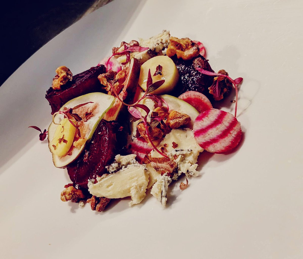 The kitchen at <a href="/Risingsunsheff/">The Rising Sun</a> is back open from today, serving their late winter menu Weds-Sun! Pictured is the beetroot (pickled, raw and roasted!), blue cheese, walnut and fig salad, a veggie &amp; GF starter (VG option also available). Absolutely stunning and very delicious!