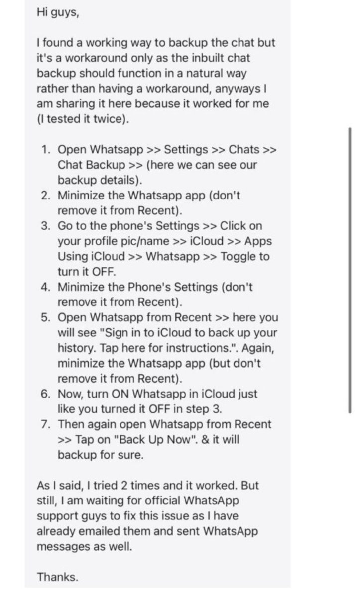 If anyone’s WhatsApp chat backup is stuck on ‘preparing’ here’s a work around till hopefully they fix it in a future update.
