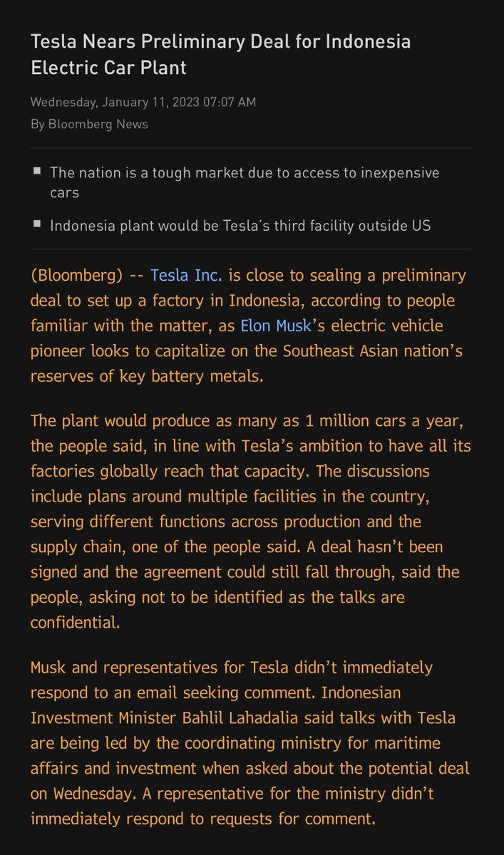 garyblack00's tweet image. $TSLA nears preliminary deal to build EV plant in Indonesia with capacity up to 1M EVs - Bloomberg citing unnamed sources.