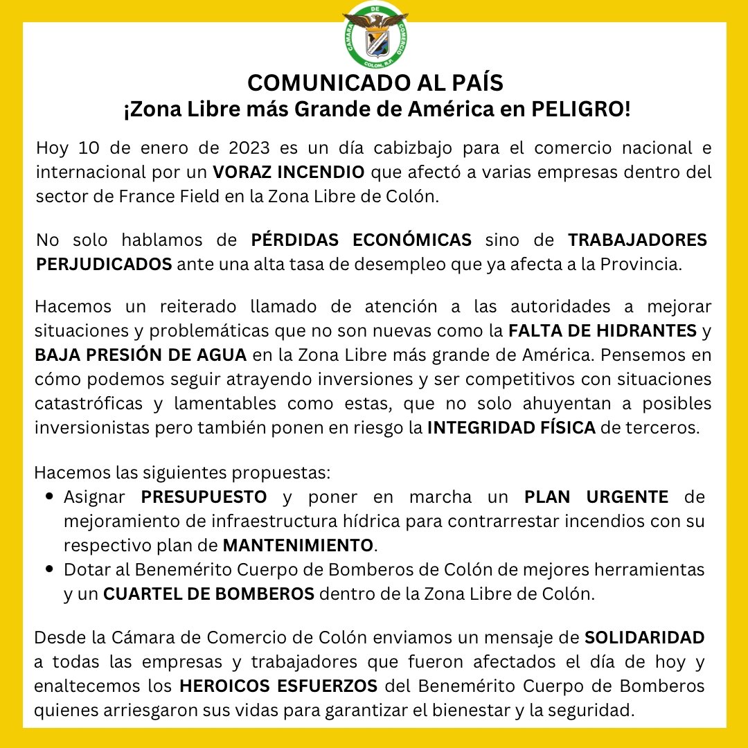 El incendio ayer en la Zona Libre de Colón y que ha tomado horas en controlar por parte de los <a href="/BCBRP/">Bomberos De Panamá</a> es un llamado de alerta. Es un problema de larga data que puede resolverse con voluntad, ya que dinero hay. Les comparto los comunicados de <a href="/auzonalibre/">AU Zona Libre Colón</a>
y la Cámara de Colón.