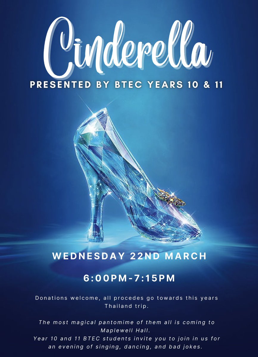 MaplewellHall's tweet photo. Our BTEC Performing Arts groups have worked extremely hard in this years production of Cinderella. We hope you can join us in supporting our young performers in this magical pantomime. Limited ticket numbers available, priority to cast members. Letters to be going out soon. https://t.co/PGBB1P9KZ2