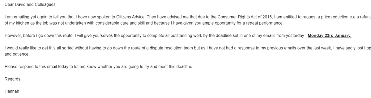 HannahWorsey's tweet photo. The nightmare continues... Here's my latest email (sent yesterday) to @Wickes CEO David Woods, Senior Members of the Customer Service Team, Installation Manager and Local Store Manager. None of whom have responded to me since 3rd Jan...I wonder if @Wickes will respond to this https://t.co/xC3kbgZVaA