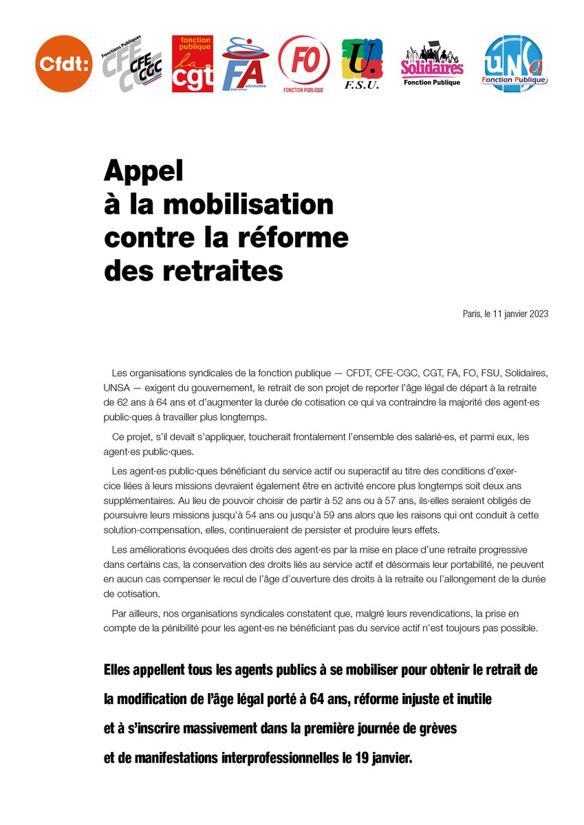 FederationAuto's tweet photo. #fonctionpublique les 8 organisations syndicales représentatives appellent à la mobilisation et à manifester le 19 janvier prochain contre la réforme des #retraites https://t.co/iswzfmDnrM