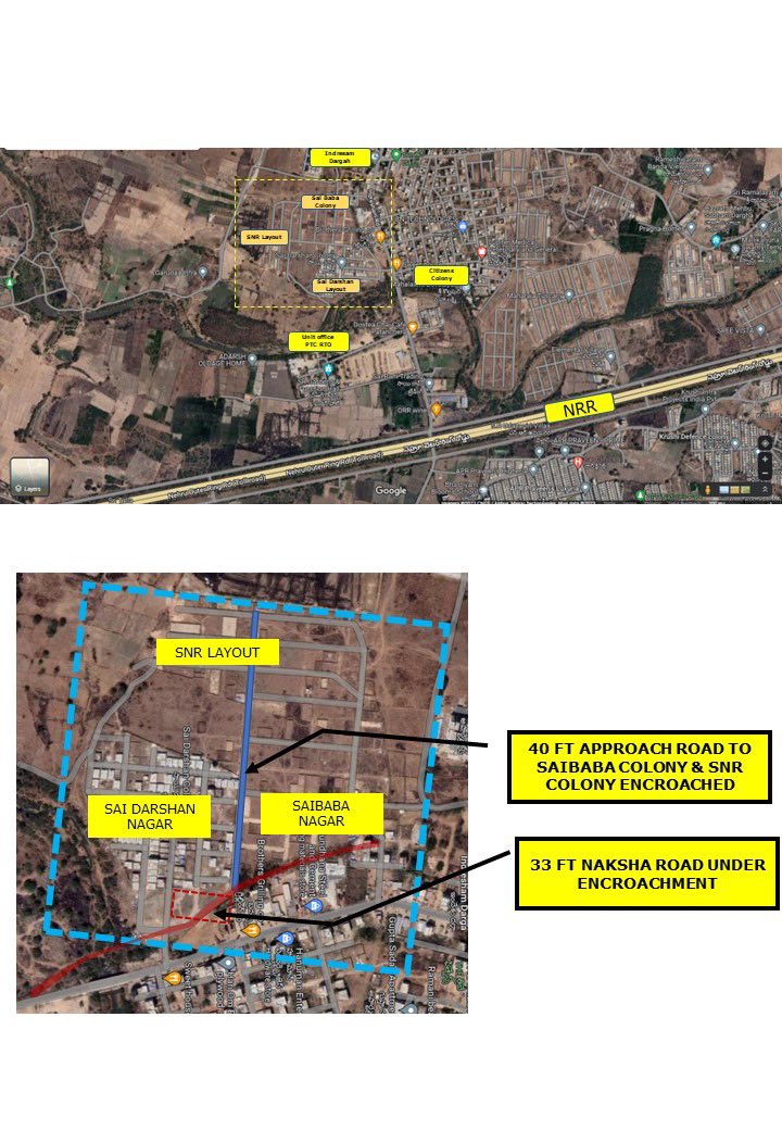 Satishbuddy1702's tweet photo. @KTRTRS @KTRoffice @Collector_SRD @jc_srd @spsangareddy @Director_EVDM SNR layout, Saibaba Layout under Pocharam Panchyat, Patancheru facing serious illegal land encroachment issue. 33 ft Main NAKSHA Road under occupation &amp; illegal constr is going on.(1/2) https://t.co/4QyFAaSkl3