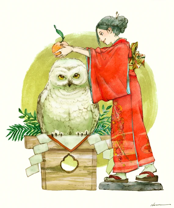 『ふくまねき』 シャープペンシル/Photoshop/透明水彩#illustration #イラスト #鏡餅 タイミングずれてしまったけど、鏡開きでしたね..! 