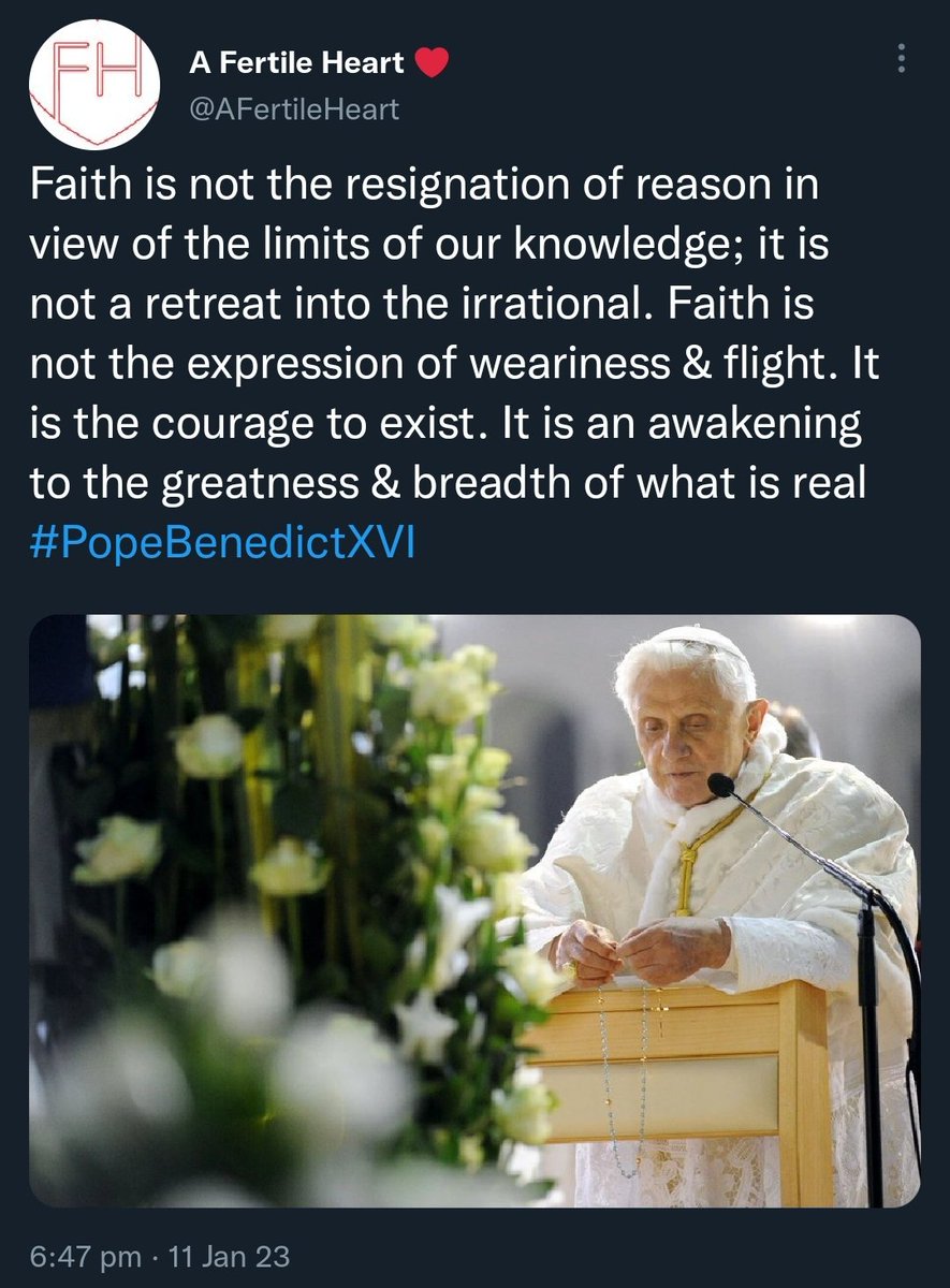 Faith is not the resignation of reason in view of the limits of our knowledge; it is not a retreat into the irrational. Faith is not the expression of weariness & flight. It is the courage to exist. It is an awakening to the greatness & breadth of what is real #PopeBenedictXVI