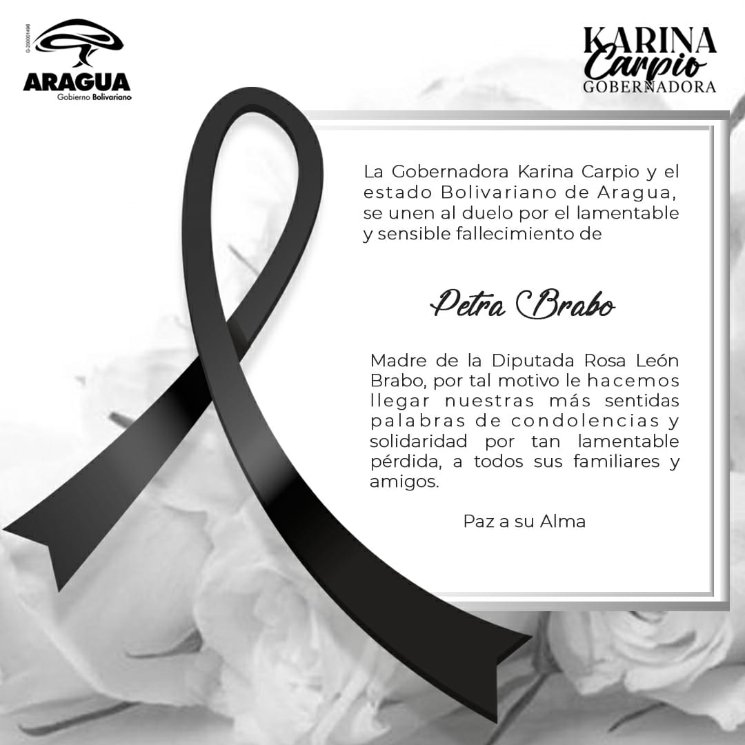 Nos unimos al dolor de la Familia Bravo por el fallecimiento de la Señora Petra Brabo, madre de la Diputada <a href="/rosaleonoficial/">Rosa León (Oficial)</a> nuestras sinceras palabras de condolencias para los familiares, amigos y conocidos 

¡Nuestro Dios de Fortaleza y consolación en estos momentos! 🙏🏻
