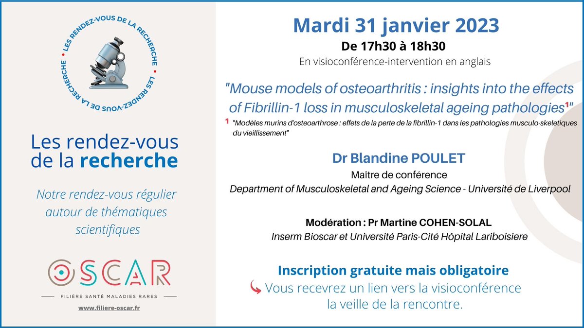 FiliereOSCAR's tweet photo. 🔬 Participez au prochain "rendez-vous de la recherche" de la filière OSCAR !
📅 Mardi 31 janvier de 17h30 à 18h30 en visioconférence
👉 Pour vous inscrire : https://t.co/46ejcBcOpe
#Recherche #filieredesantemaladiesrares #FSMR #filiereOSCAR #pathologiesmusculosquelettiques https://t.co/2zRRtJj8Bw