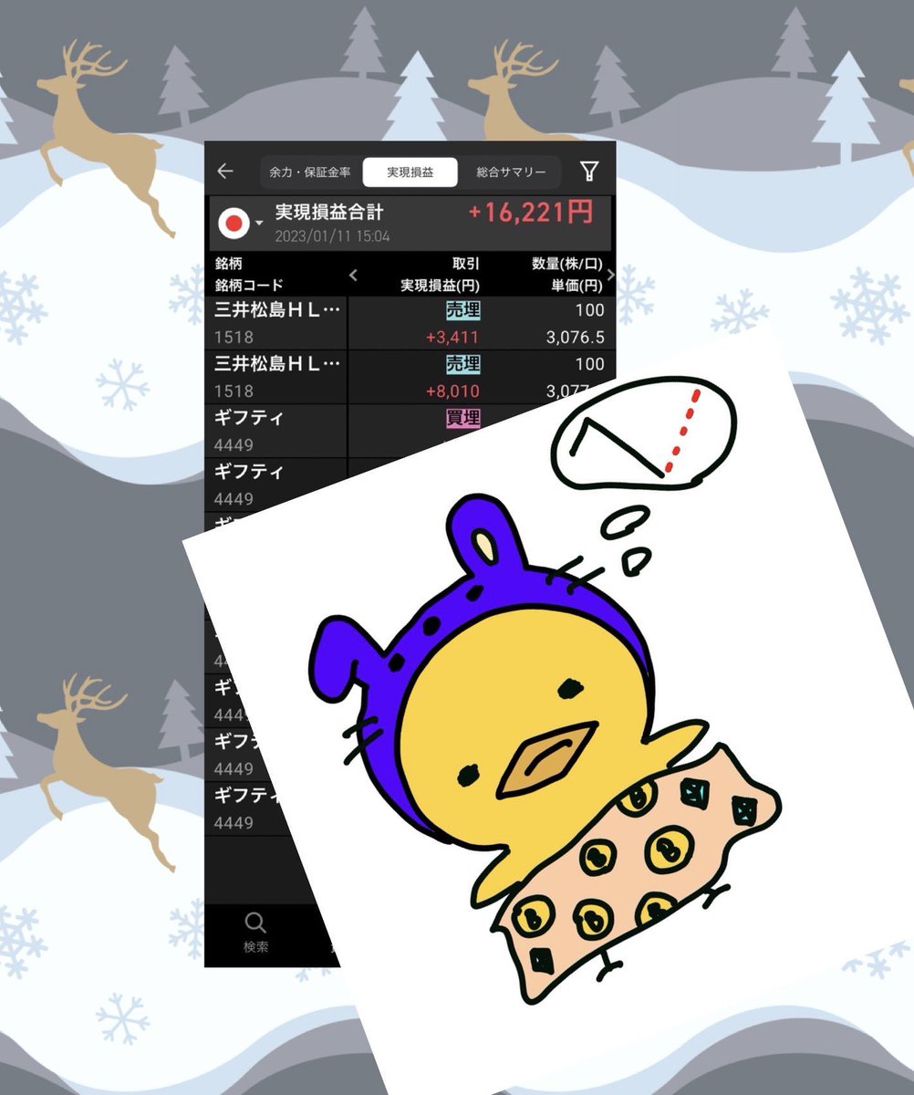 kabupinoco's tweet photo. 今日のから売り結果🥬

＋1.6%くらいっす🐥

さむっ❄️ https://t.co/HZrOQMnHlp