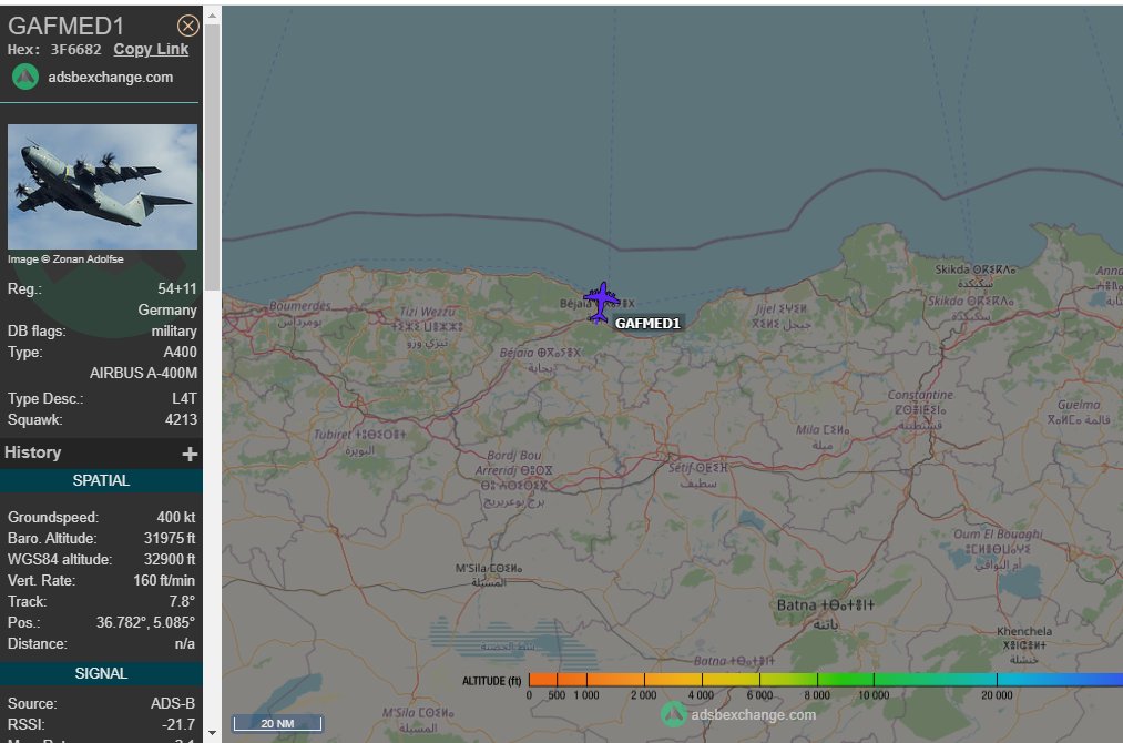 5472_nde's tweet photo. GAFMED1 #GermanAF A400M crossing Algerian coast northbound, #medevac callsign. This a/c crossed southbound yesterday ... possibly #Mali / #Niger visit. 1335z https://t.co/nqF3rXAs7C