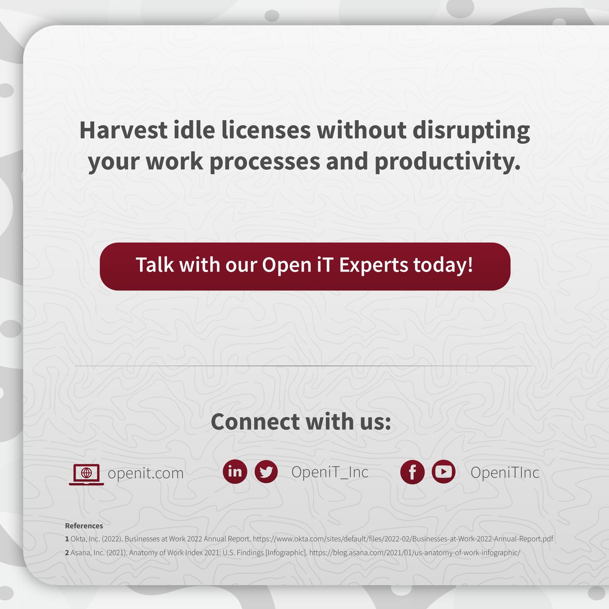 OpeniTInc's tweet image. This infographic explains the value of harvesting licenses without interfering with productivity or work process.

Continue reading: openit.com/resources/info…

Visit our website: openit.com

#licenseharvesting #usagemonitoring #licensemonitoring #trackingsoftwareusage