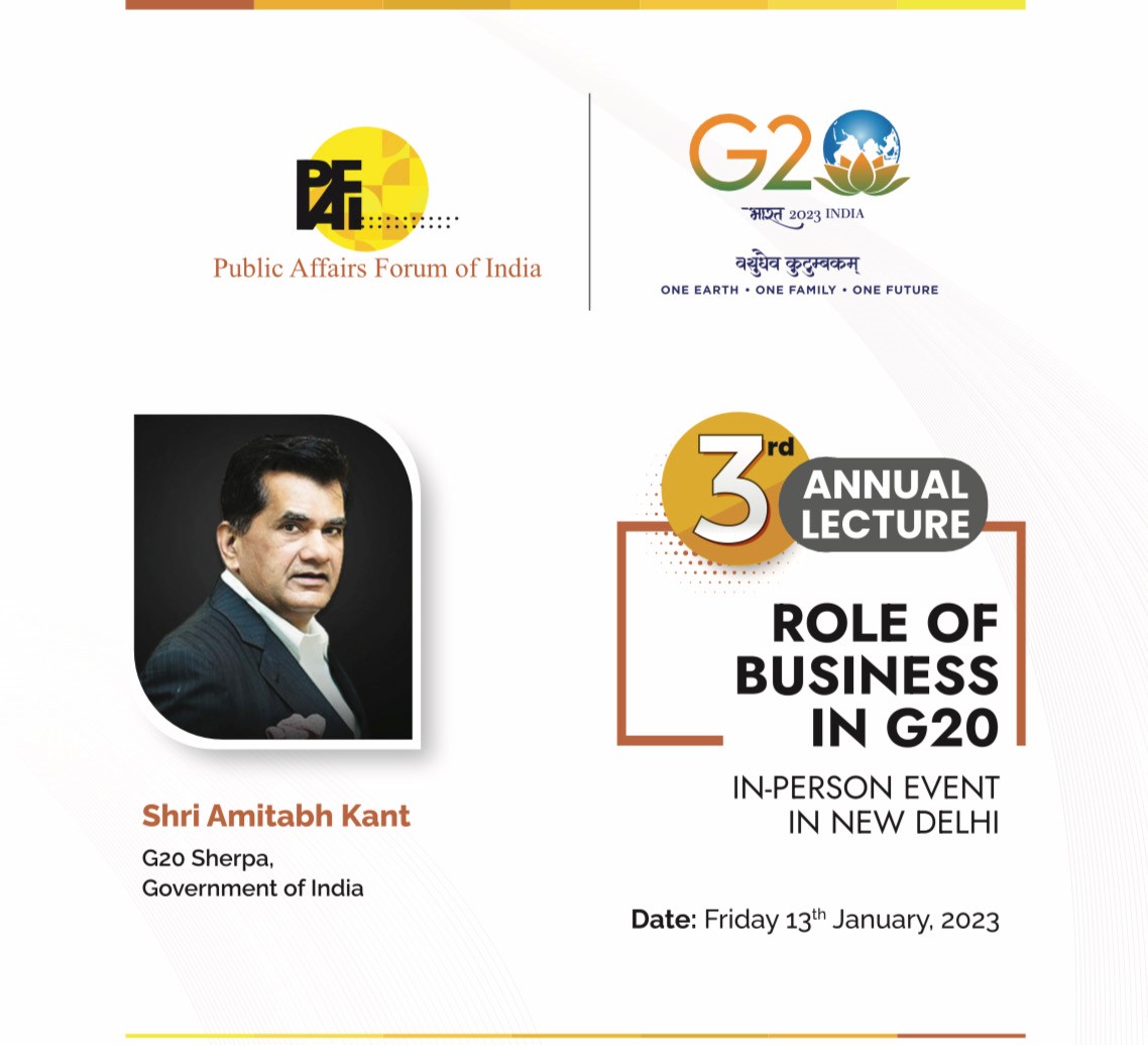Public Affairs Forum of India (@pafiindia) on Twitter photo PAFIIndia is proud to host the 3rd Annual Lecture on January 13, 2023 by Shri Amitabh Kant, G20 Sherpa, Government of India, on the Role of Business in G20.
<a href="/amitabhk87/">Amitabh Kant</a>
#advocacy #advocacymatters #publicaffairs #publicpolicy #policymakers #policymatters PAFIIndia is proud to host the 3rd Annual Lecture on January 13, 2023 by Shri Amitabh Kant, G20 Sherpa, Government of India, on the Role of Business in G20.
<a href="/amitabhk87/">Amitabh Kant</a>
#advocacy #advocacymatters #publicaffairs #publicpolicy #policymakers #policymatters