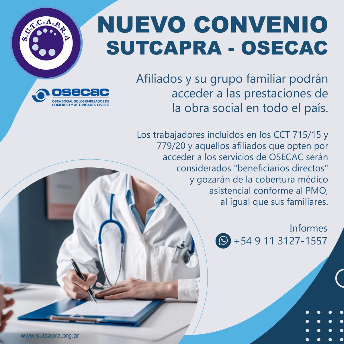 SutcapraOk's tweet photo. #ObraSocial ✅ Afiliados a SUTCAPRA y su grupo familiar podrán acceder a las prestaciones de #OSECAC en todo el país

- Info sobre empadronamiento de empresas y requisitos del trabajador
👉 https://t.co/PSgJqSaQxp
- Por informes
📲 https://t.co/iiSHPUHr4z https://t.co/OguXo0YhUn