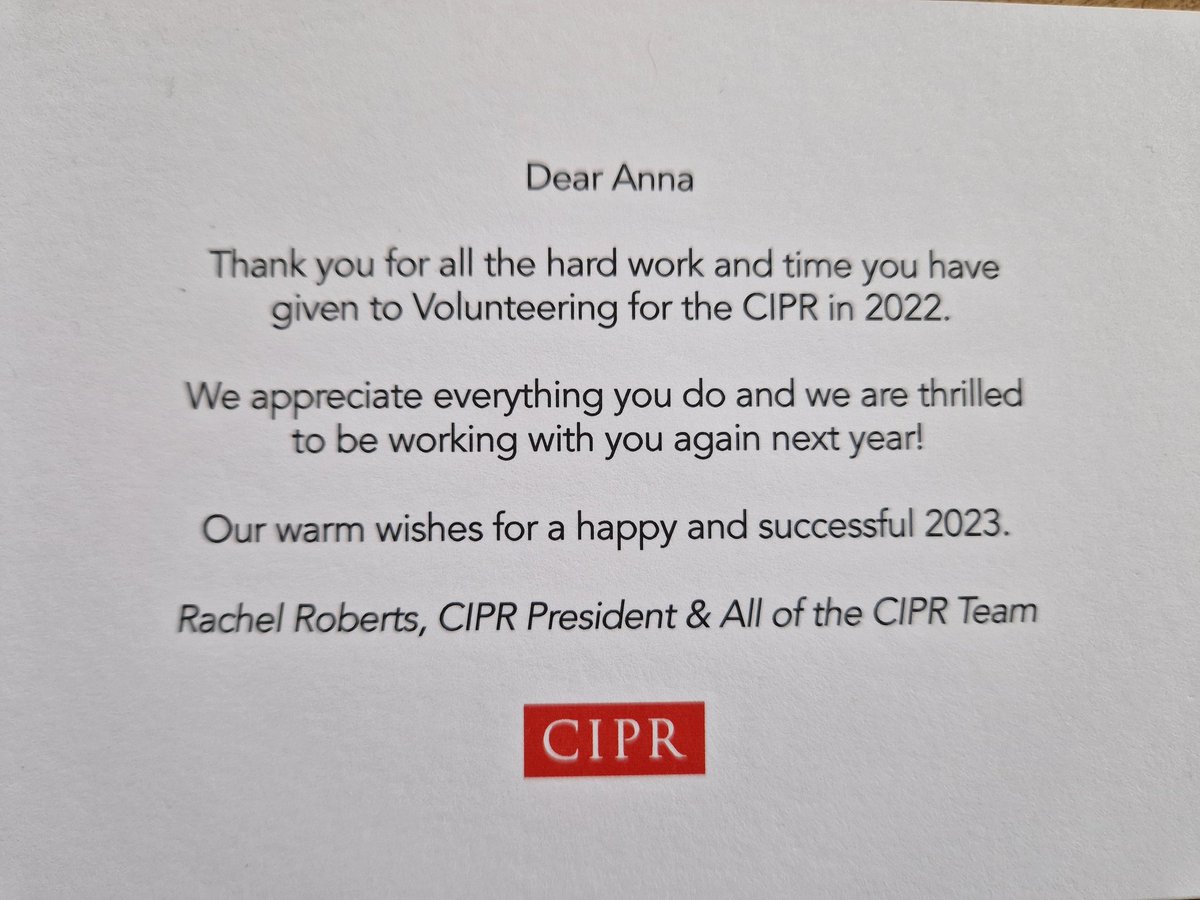 A rather belated happy #NewYear although I've eased myself in gently to 2023. Thank you for the thank you <a href="/CIPR_Global/">Chartered Institute of Public Relations</a> and <a href="/SpotRachel/">Rachel Roberts</a> which popped through my letter box a couple of days ago. Here's to another year of contributing and learning #volunteer #CIPR #PR #Freelance