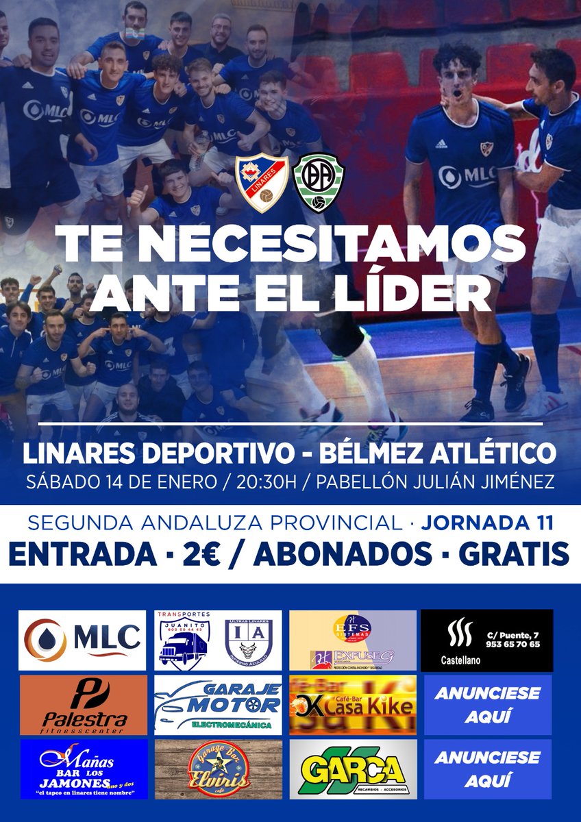 🙌🏻 𝙏𝙀 𝙉𝙀𝘾𝙀𝙎𝙄𝙏𝘼𝙈𝙊𝙎 𝘼𝙉𝙏𝙀 𝙀𝙇 𝙇𝙄́𝘿𝙀𝙍 🔵

Este sábado tenemos PARTIDAZO en el Julián Jiménez.🔝

Una victoria nos permitirá seguir luchando por el liderato.💪🏻🟦

Abonados ➡️ gratis.

Público general ➡️ 2€.

#ElLinaresEresTÚ 💙