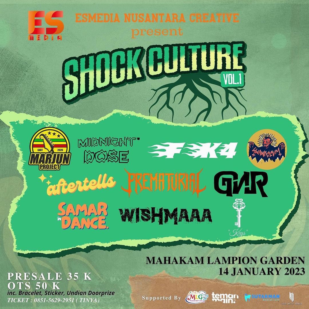 smrgigupdate's tweet photo. Shock Culture Vol.1, menampilkan: Marjun Project, Midnight Dose, Freddy Kill Alien, Swankscum, Aftertells, Prematurial, GNR, Samarindance, Wishma, Keys.

Sabtu, 14 Januari 2023. Di Mahakam Lampion Garden. HTM: IDR 35.000 (presale), IDR 50.000 (ots) https://t.co/vpOdYly7ra