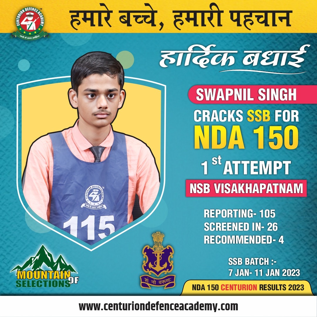 centurionaca's tweet photo. हमारे प्राउड सेंचूरीयन Swapnil Singh ने जिन्होंने 12th appearing में ही NSB विशाखापतनम स1st Attempt में recommendation प्राप्त किया।

#ndamotivation #ndawithcenturion #mountainofselection #NDA150course #centurionmeansselection https://t.co/oUeIrfyskv