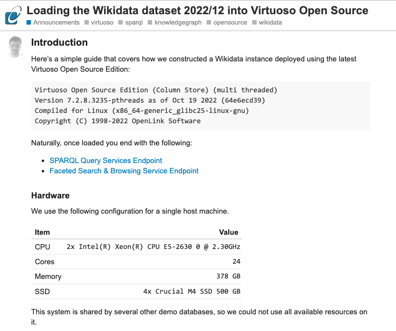 OpenLink's tweet photo. The latest edition or #VirtuosoRDBMS (Open Source Edition) hosted #Wikidata #KnowledgeGraph is now live at: 

• https://t.co/laGDiceYkq -- #SPARQL 

• https://t.co/7gQxFT50Pk -- Full Text Search and Faceted Browsing

Read: https://t.co/wOqNytLOf7

#LinkedData #Web30 #LODCloud https://t.co/qU5u2MNNCh