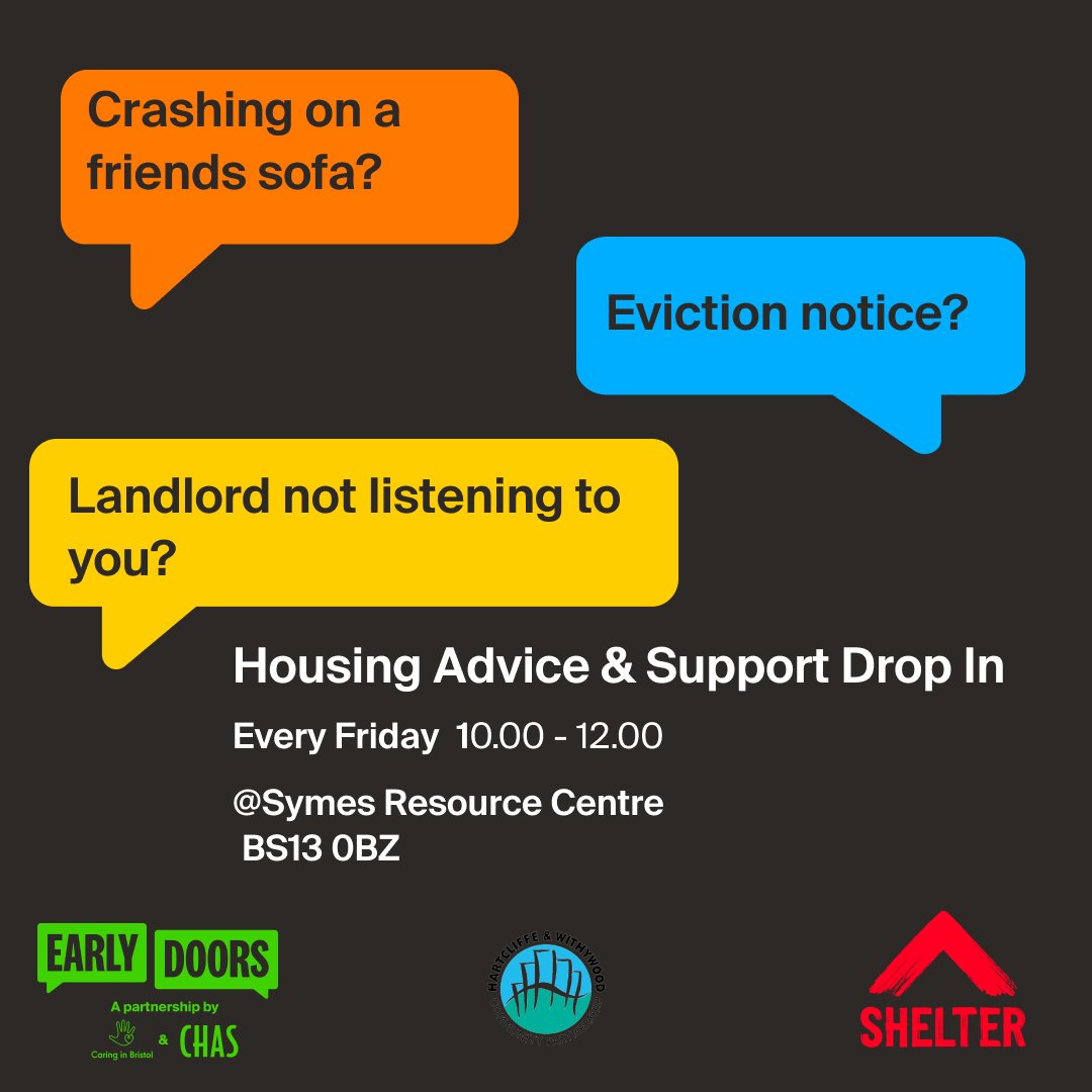 Just launched for people in Bristol's Hartcliffe and Withywood - this Friday  weekly drop in with Early Doors, CHAS Bristol and Shelter at @HWCPsymes Symes Resource Centre Who/what/where/when? See our blog: caringinbristol.co.uk/new-drop-in/