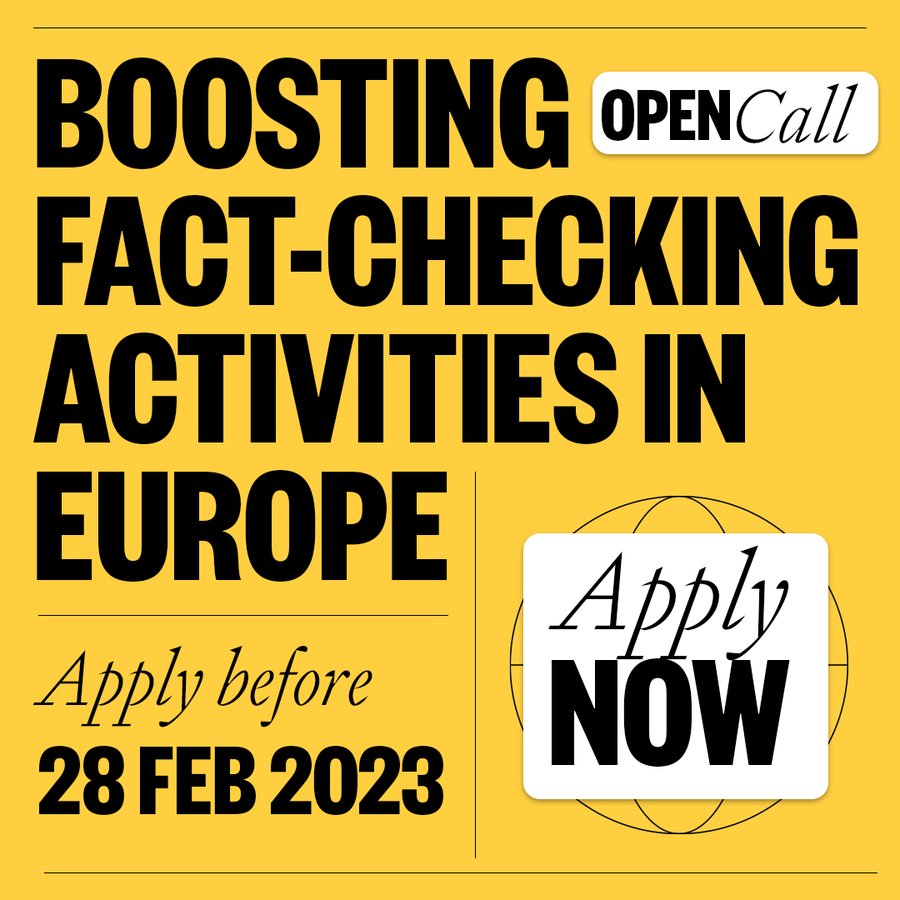 CitizensforEu's tweet photo. 📢[Call for Proposals] Projects aiming at limiting the negative effects of #disinformation on the public discourse and democratic processes can apply to the @EMIF_Fund call "Boosting #FactChecking Activities in Europe"! Deadline: 28/02/23
👉https://t.co/b3eQCJCjVP https://t.co/TA4haH5O09