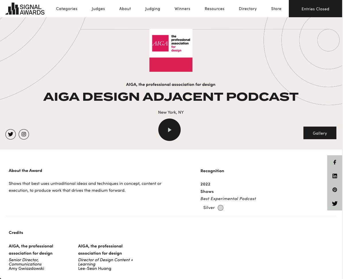 designfuturenow's tweet image. The Design Adjacent #podcast from @AIGAdesign won silver in the Signal Awards' best experimental podcast category for "shows that best use untraditional ideas and techniques in concept, content or execution, to produce work that drives the medium forward."
signalaward.com/winners/detail…