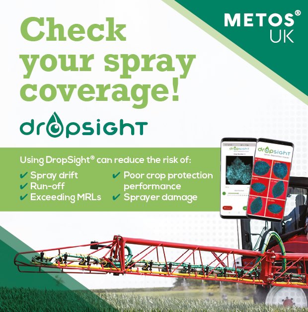 MetosUk's tweet photo. Want to improve your crop protection application effectiveness? Check your spray coverage with @dropsight_io! Talk to us at @lammashow today in Hall 9, to reduce drift &amp; run-off risks, prevent crop damage, and ensure you don’t exceed MRLs. #LAMMA23 https://t.co/nlQ3QRG3GF