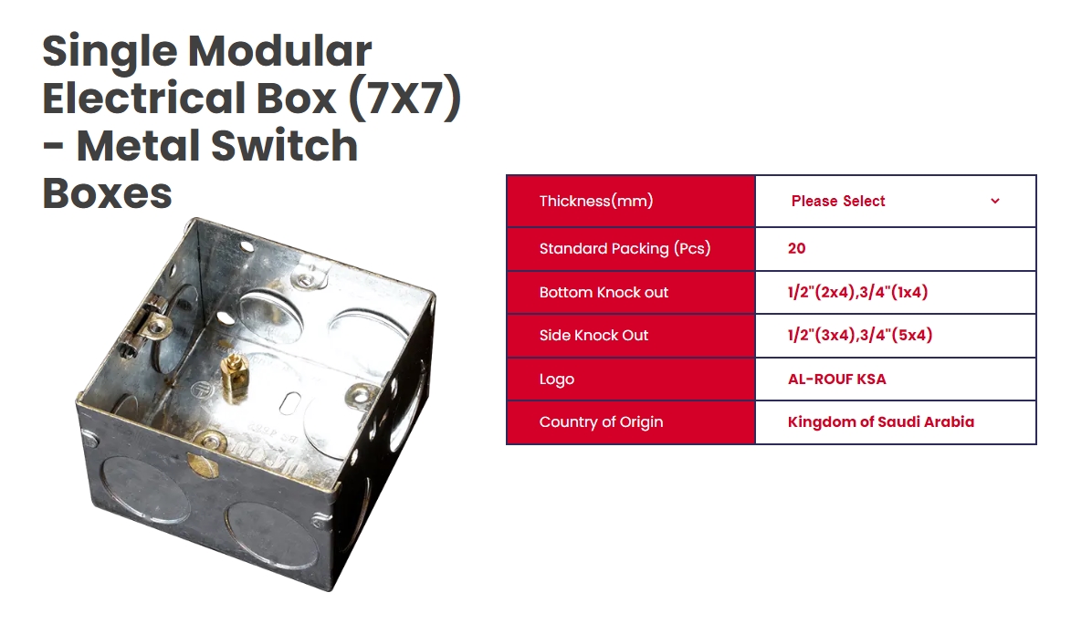 Alrouf_Factory's tweet photo. Single Modular Electrical Box (7X7) - Metal Switch Boxes
Standard Packing    (Pcs) 20
Bottom Knock out 1/2"(2x4),3/4"(1x4)
Side Knock Out 1/2"(3x4),3/4"(5x4)
Country of Origin Kingdom of Saudi Arabia
https://t.co/GcmmhOkHGP
#MetalElectricalBoxSaudiArabia
#ElectricalPanelBoxDammam https://t.co/2QuwWlF3ud