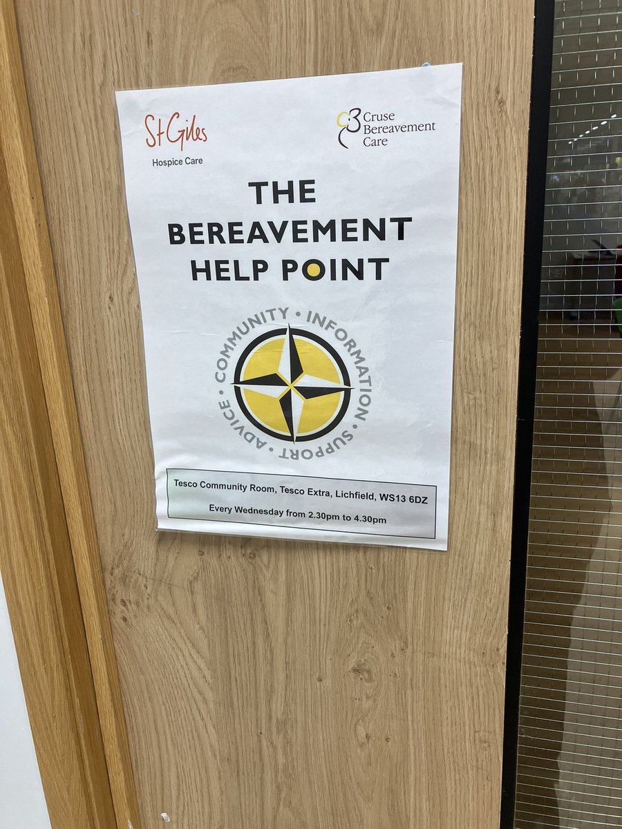 Every Wednesday <a href="/StGilesEngage/">Community Development & Engagement</a> 
the bereavement help point use the community room at Tesco Extra Lichfield from 1:30-4:30pm.
If you know anyone that needs someone to talk to regarding bereavement the volunteers are always happy to listen and give advice