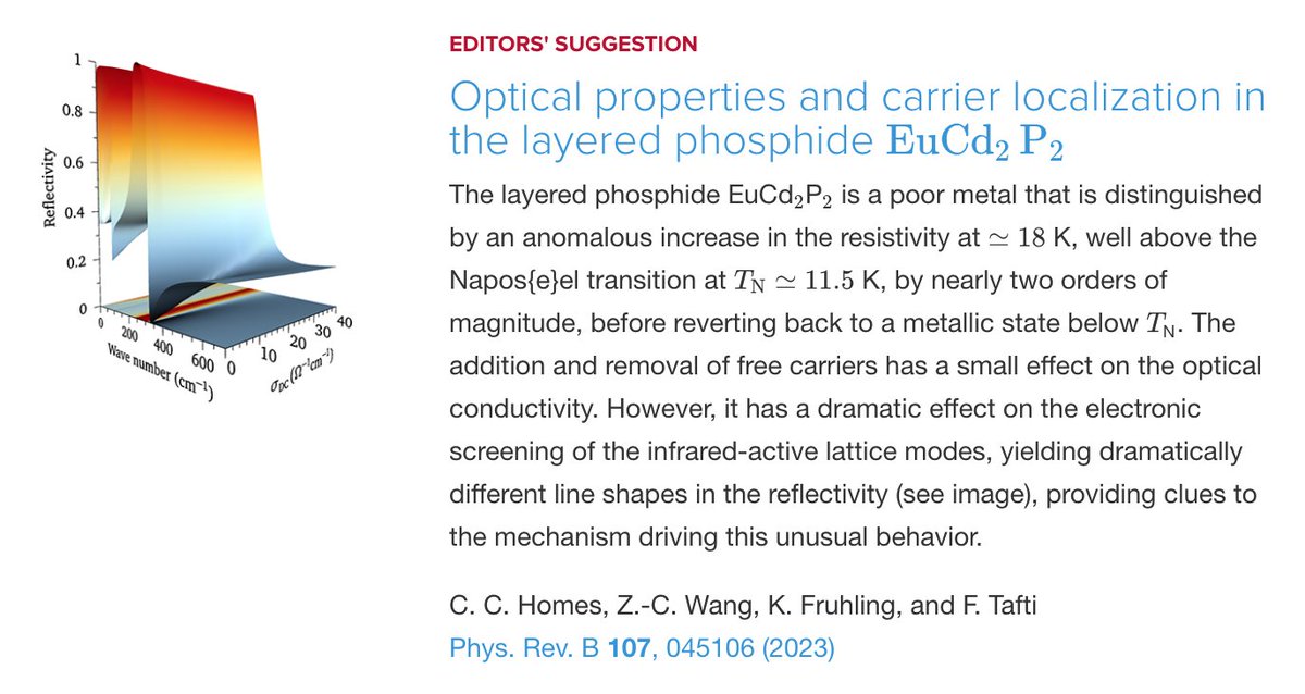PhysRevB's tweet photo. PRB Editors' Suggestion: #Optical properties and carrier #localization in the layered #phosphide #EuCd2P2
C. C. Homes, Z.-C. Wang, K. Fruhling, and F. Tafti
Phys. Rev. B 107, 045106
➡️ https://t.co/bdeOPfGJMg
#physics #condmat #EdSugg @APSPhysics https://t.co/Boo3DLfR6P