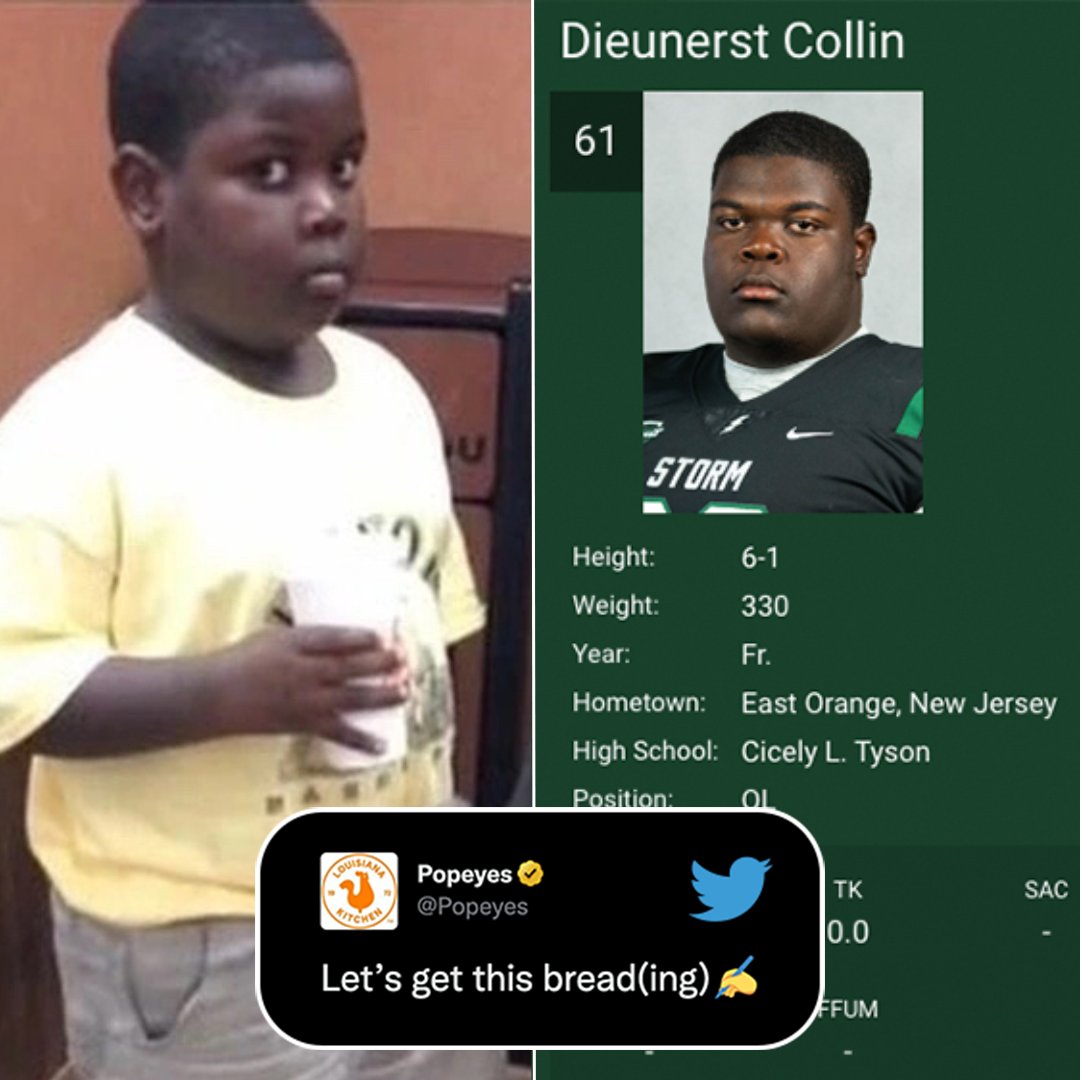 SportsCenter's tweet image. Popeyes has signed Dieunerst Collin to an NIL deal. 

"The Popeyes meme kid" is an OL at DII Lake Erie College 🙌 

(via @CollinDieunerst)