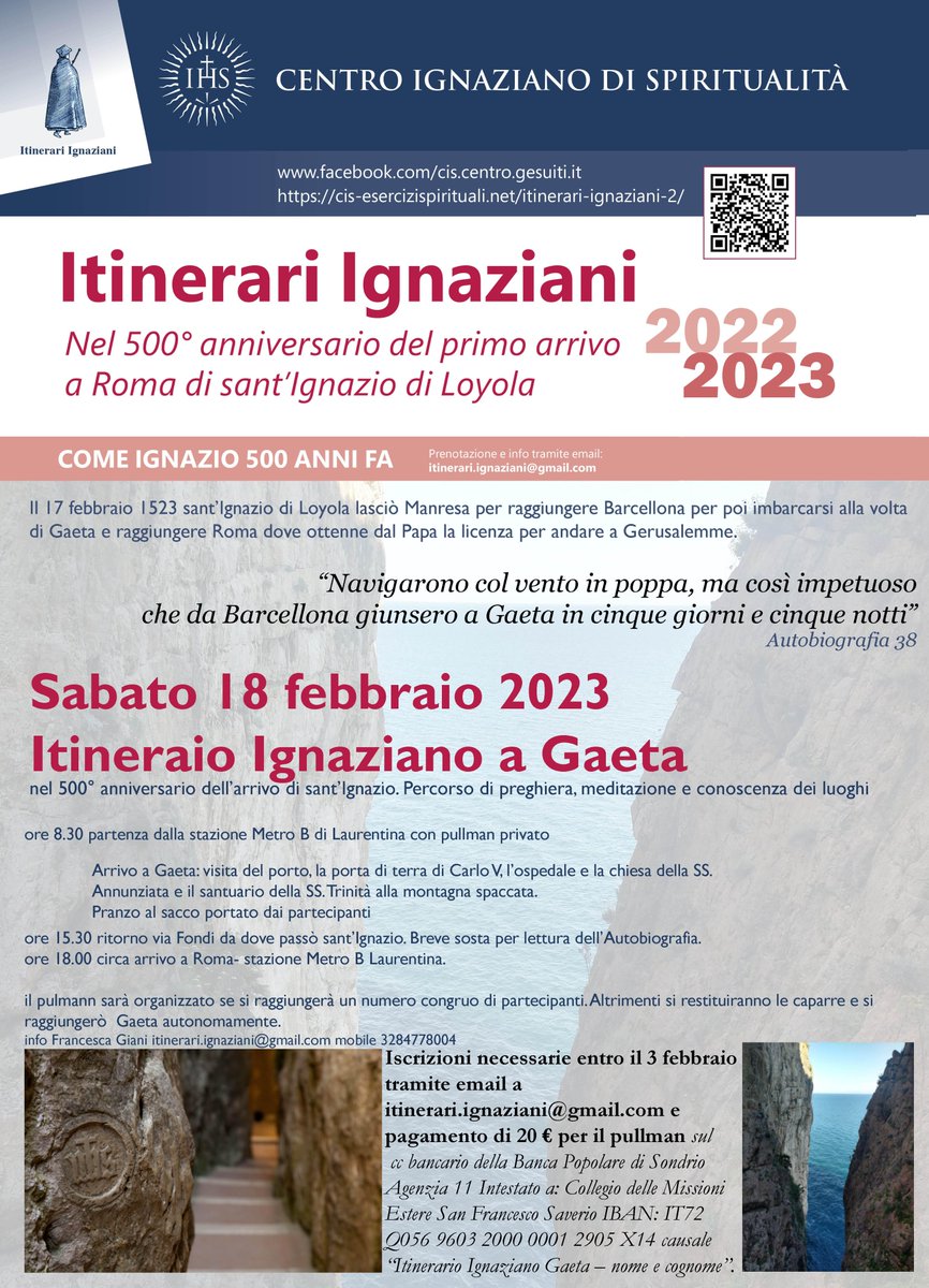 👣Nel 500° anniversario dell'arrivo di sant'Ignazio in Italia, un percorso di preghiera, meditazione e conoscenza a Gaeta, luogo dello sbarco di Ignazio in Italia, in viaggio per Roma, dove ottenere dal Papa la licenza per Gerusalemme. 
👉itinerari.ignaziani@gmail.com
#gesuiti