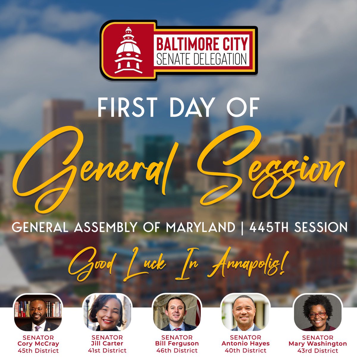 Today marks the start of the 445th Legislative Session of the Maryland General Assembly, and the Senators for Baltimore City are eager to get to work in Annapolis.

Wishing everyone a productive session!