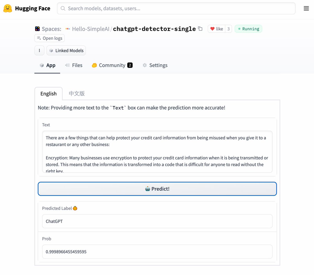 xinzhangai's tweet photo. We launched the first version of our ChatGPT detectors! 🎉

Models, dataset &amp; paper will be released at: https://t.co/MoU3W7IoI3

Try our detectors at  @huggingface ❤️! 
One of three types: https://t.co/ITfFWIaPJx

Both English &amp; Chinese are supported.

#ChatGPT  #C3Dataset https://t.co/4ZG0J1J5jd