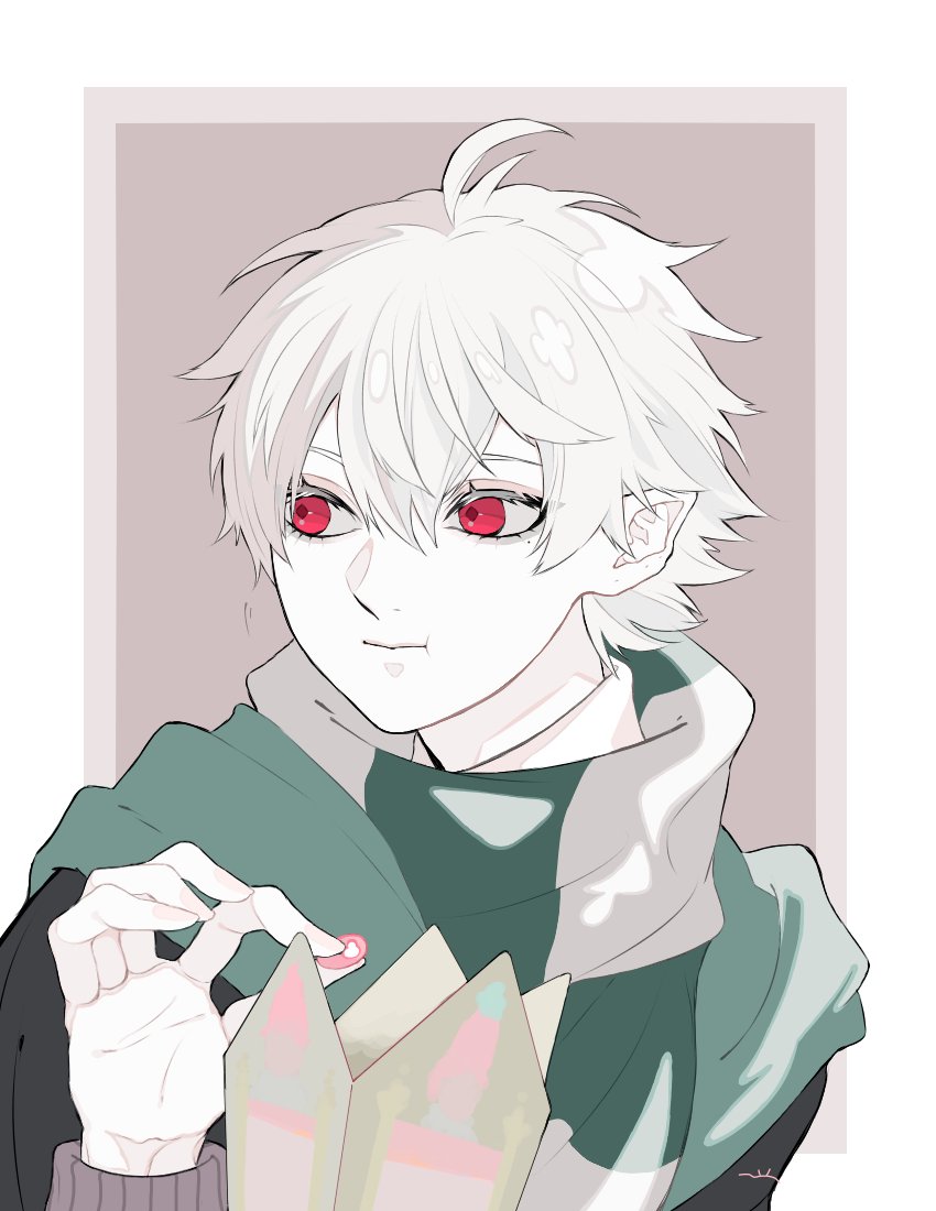 kuzuha (nijisanji) 1boy male focus red eyes pointy ears solo white hair scarf  illustration images
