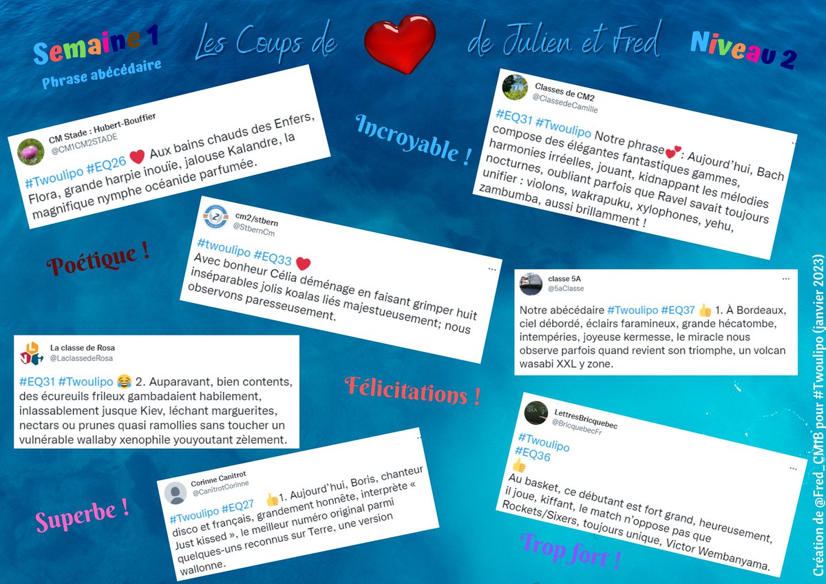 Chaque semaine, <a href="/julien_cremoux/">Julien Crémoux</a> et <a href="/fred_cm1b/">𝔽𝕣𝕖𝕕 🍞 🚴 🗞 #JeSuisPaul</a> vous partageront leurs coups de ❤️ sur les contraintes de la semaine précédente ! #Twoulipo
Pour de niveau 2, bravo à :
<a href="/CM1CM2STADE/">CM Stade : Hubert-Bouffier</a> 
<a href="/ClassedeCamille/">Classes de CM2</a> 
<a href="/StbernCm/">cm2/stbern</a> 
<a href="/CanitrotCorinne/">Corinne Canitrot</a> 
<a href="/BricquebecFr/">LettresBricquebec</a> 
<a href="/5aClasse/">classe 5A</a> 
<a href="/LaclassedeRosa/">La classe de Rosa</a>