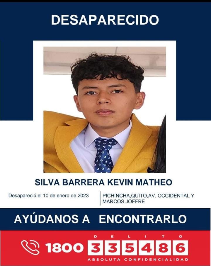 PoliciaEcuador's tweet photo. AYÚDANOS A ENCONTRARLO🚨

Kevin Matheo Silva Barrera de 17 años de edad fue reportado como desaparecido desde el día 10 de enero de 2023, en la ciudad de #UIO.

📞 Si tienes información comunícate al 1800 DELITO (335486)

#TrabajamosPorTuSeguridad https://t.co/yHBVcoUjxt